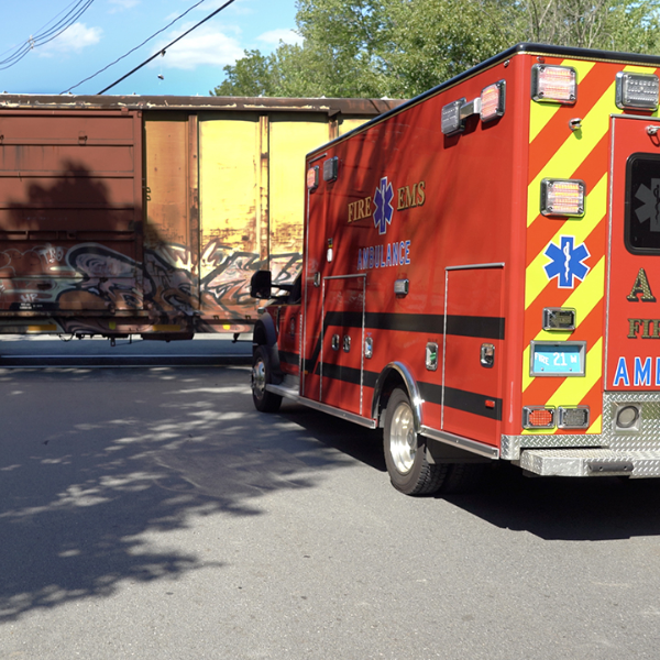 Ambulance stuck at railroad crossing