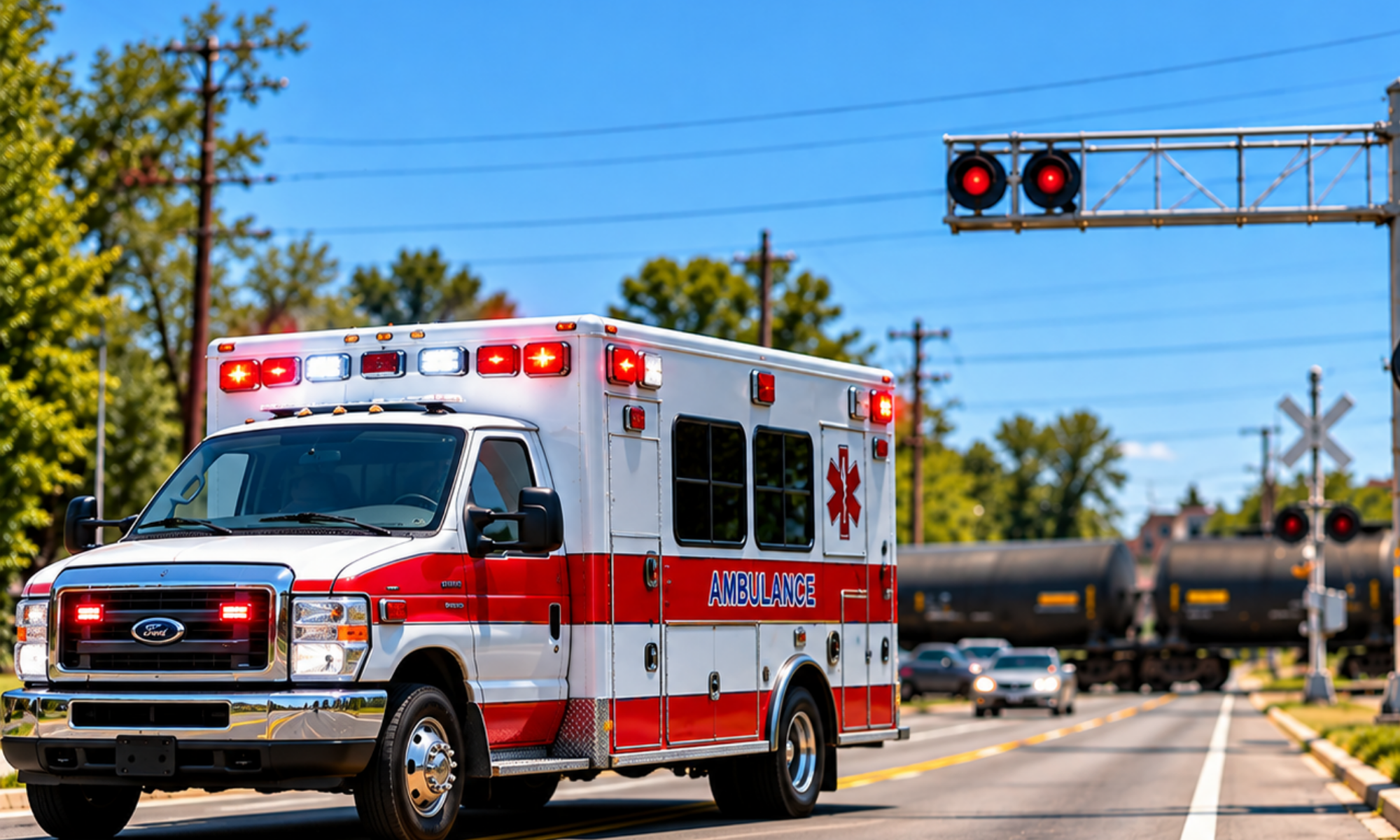 An ambulance stopped at the railroad tracks